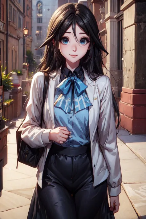 anime girl in a blue shirt and black pants walking down a street