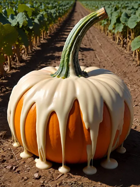 there is a pumpkin with icing on it sitting in a field