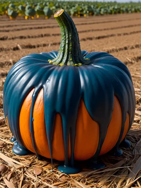 there is a blue and orange pumpkin sitting on the ground