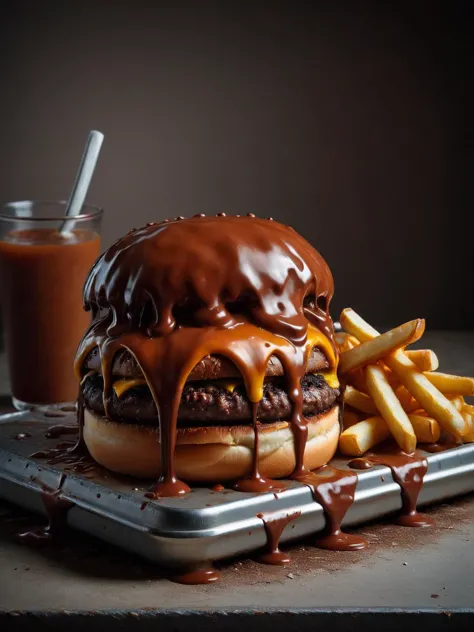 A ais-chocsauce cheeseburger and fries on a metal table at a late-night diner  <lora:Chocolate_Sauce_SDXL:1>