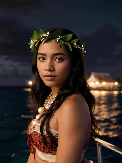 Moana cinematic portrait of night shot of photograph of woman, moana-real, 1girl, happy, on a boat, necklace,head wreath,  <lora:moana-real-v1.0-000002:1>. Dark, lit, moody, mysterious. 85mm lens, f/1.8, dramatic side lighting, moody atmosphere . Animated, Polynesian, ocean adventure, highly detailed