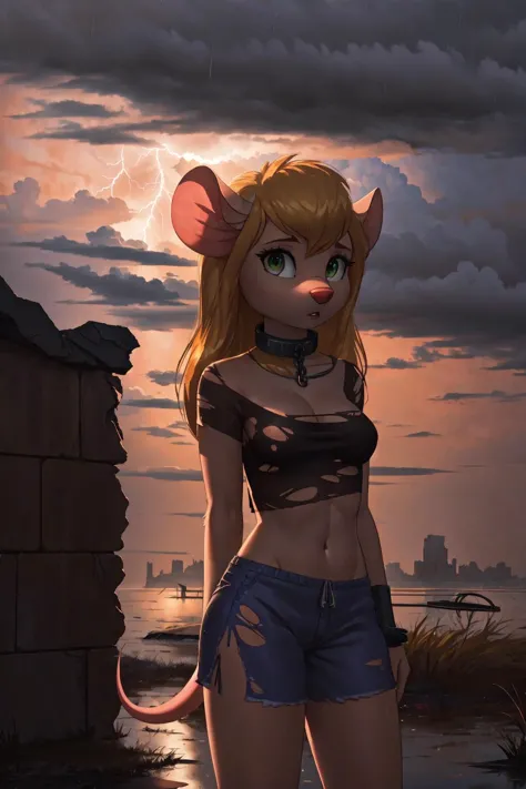 a cartoon mouse girl in a short skirt and a crop top