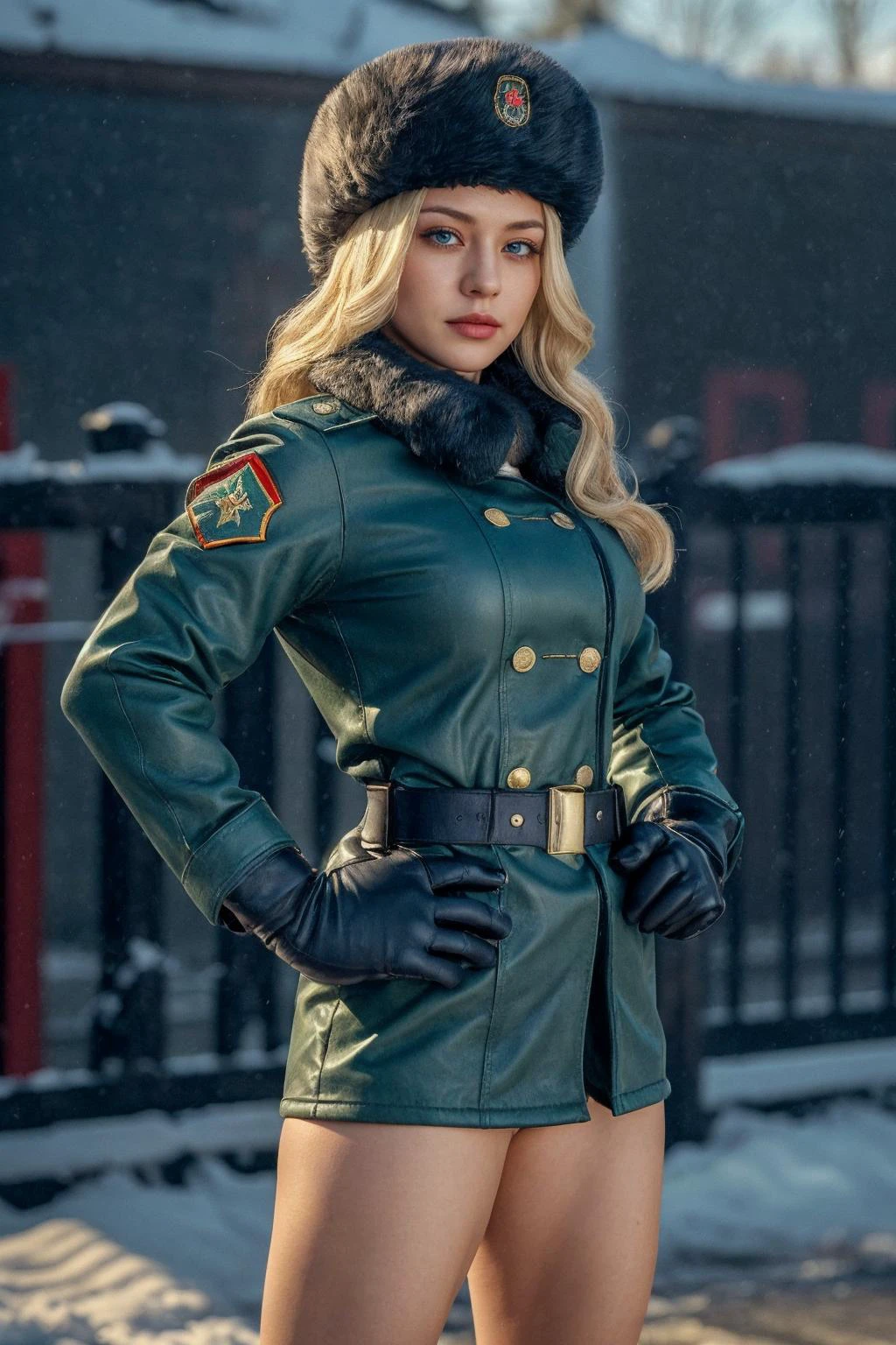 1girl,
best quality,masterpiece,depth of field,8k,absurdres,photorealistic,highres,cinematic lighting,
kolin2,long hair,blue eyes,blonde hair,simple background,gloves,hat,very long hair,upper body,full_lips,coat,hand on hip,buttons,fur hat,ushanka,military,ussr-tan,soviet,a serious expression,bonple_military_uniform,wagnaria_uniform,army uniforms,shoulder_patches,armbinder,natasha,mma_gloves,leather_belt,makeup,cool & sexy \(idolmaster\),winter,snow,military_base,military factory,