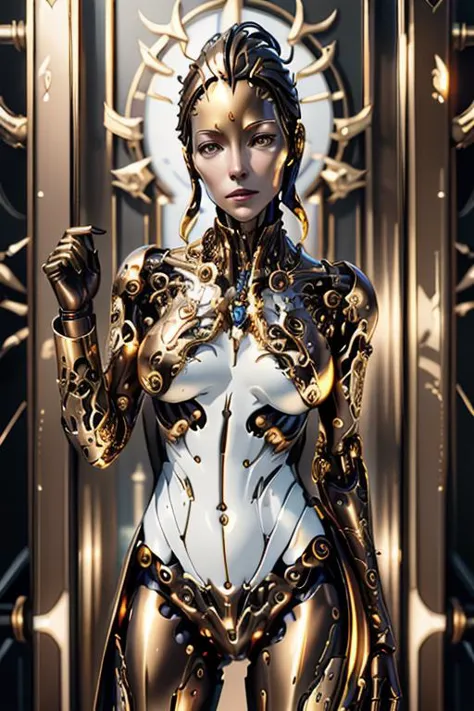 a close up of a woman in a bodysuit standing in front of a door