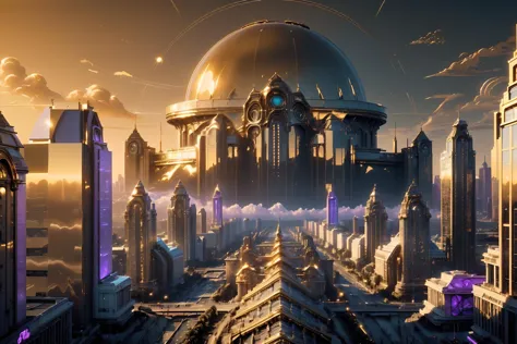 futuristic city with a dome and a clock tower in the middle