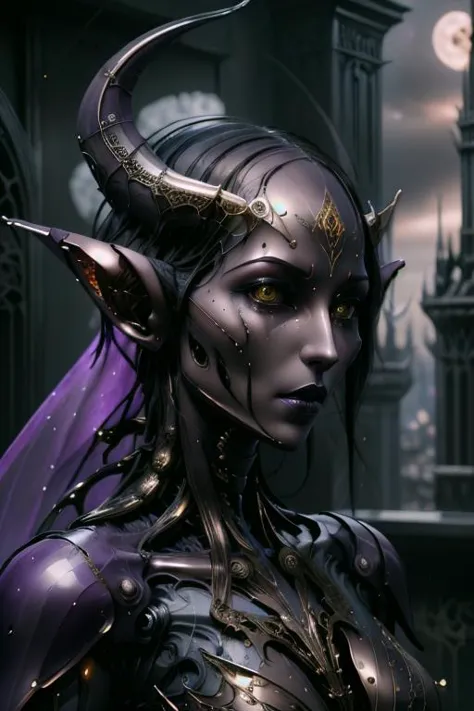 a close up of a woman with horns and a purple dress