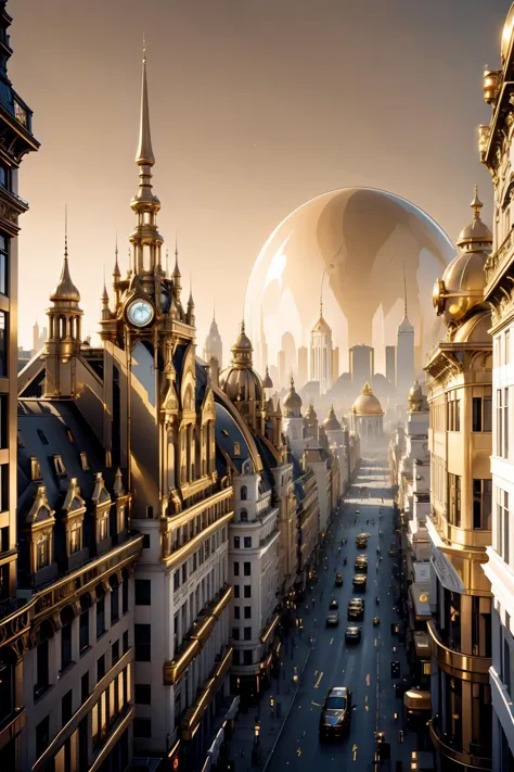 buildings and cars on a city street with a large dome in the background