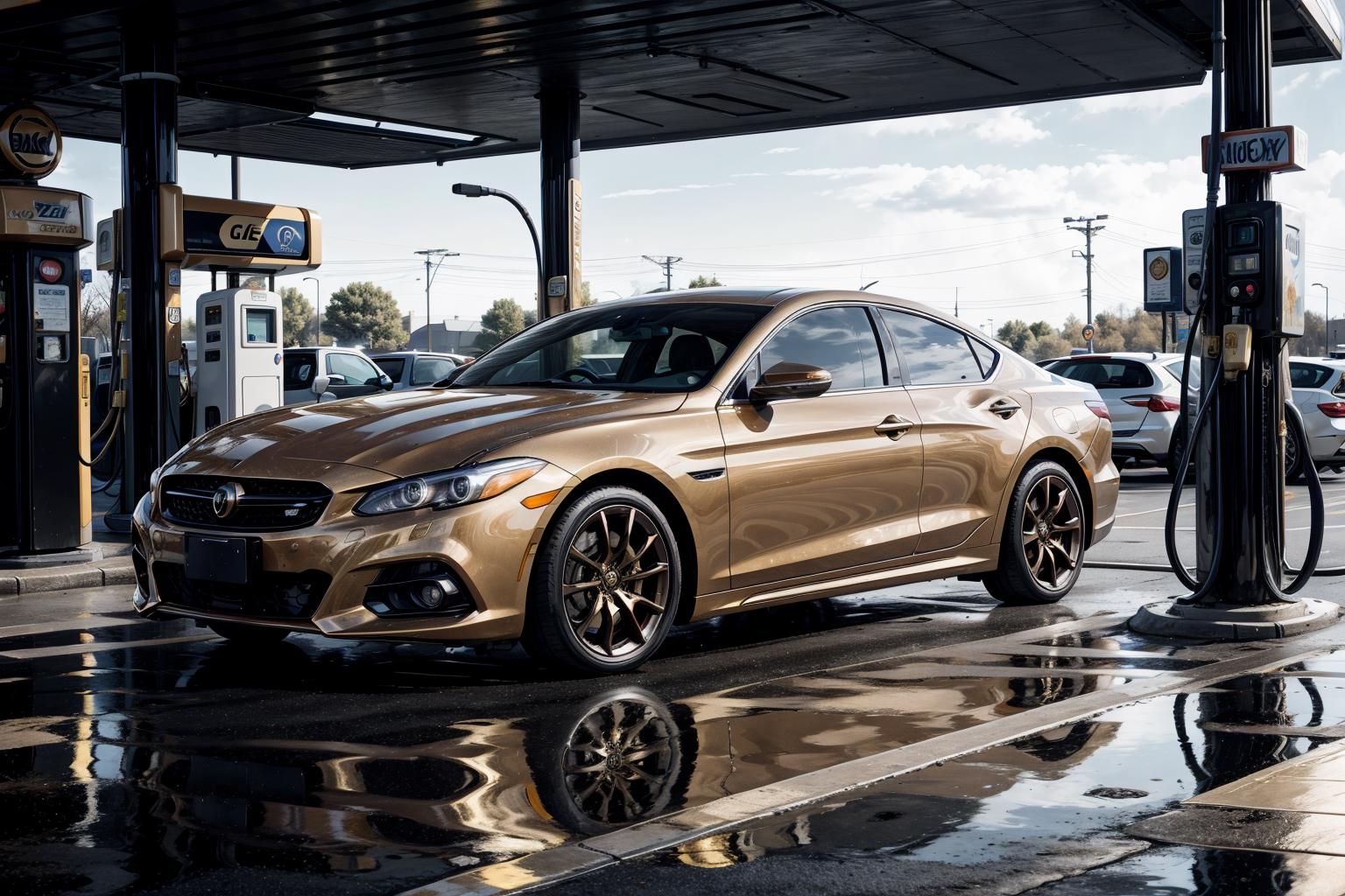 A close up of a car at a gas station with a gas pump - SeaArt AI