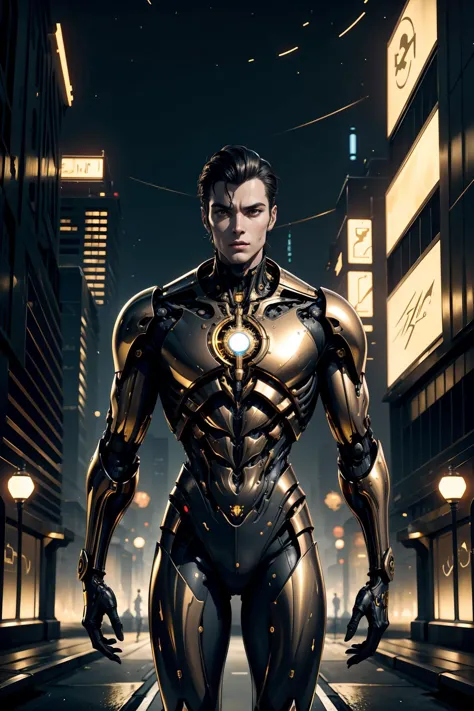 <lora:Golden_Paradigm:0.6> goldenparadigm man wearing a suit, black and gold theme, retrofuturism, urban background <lora:add_detail:0.25> <lora:realistic:-0.25>  <lora:waterVFX:0.25>