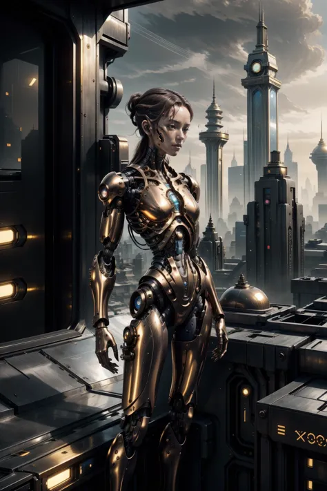 photograph of a female cyborg standing on a rooftop, rococo cyberpunk style, golden shiny reflective theme, relaxed and peaceful atmposphere  <lora:Golden_Paradigm:0.8> <lora:add_detail:0.5> <lora:realistic:0.5>  <lora:waterVFX:0.5>