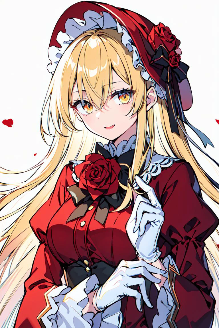 1girl, flower, solo, gloves, long hair, white gloves, bonnet, holding, red flower, blonde hair, holding flower, rose, bow, white background, dress, looking at viewer, hair between eyes, red headwear, frills, bangs, red dress, upper body, red rose, yellow eyes, long sleeves, very long hair, black bow, hat, simple background