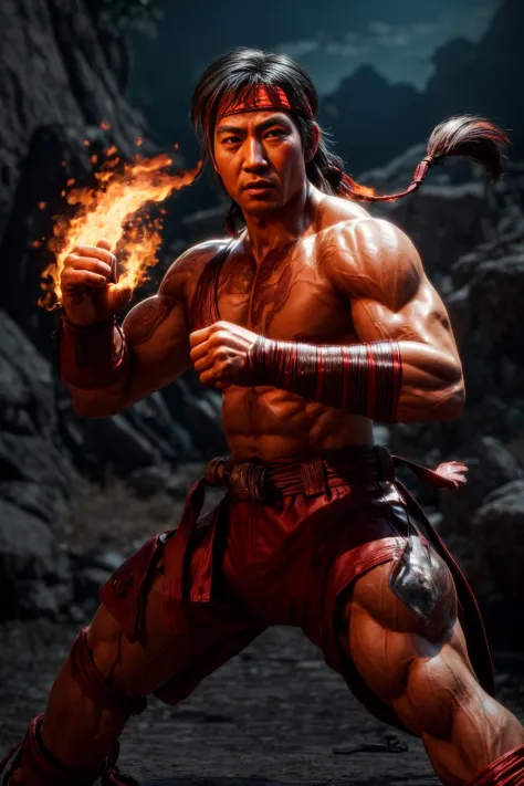 Masterpiece, best quality, (highly detailed raw photo:1. 2), 8k arnold, volumetric lighting, volumetric shadows, phil haley style asian man with headband, fire in hands, sad, fighting stance A dry place like an empty desert