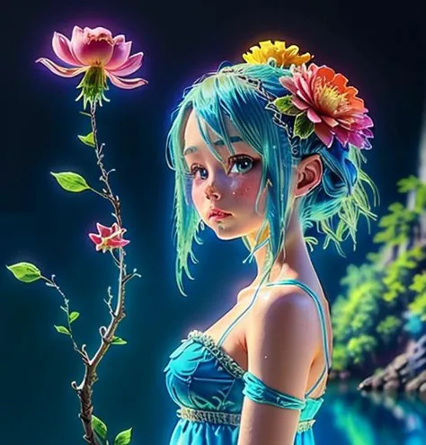 a close up of a woman with blue hair and a flower in her hair