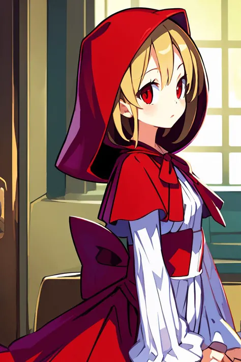 anime girl in red cape sitting on a bench in front of a window