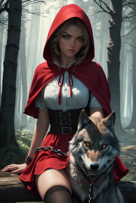 little red riding hood, sitting, 1girl, breasts, ress, thighhighs, apron, in a mystical forest clearing, Dark and mysterious, a ...