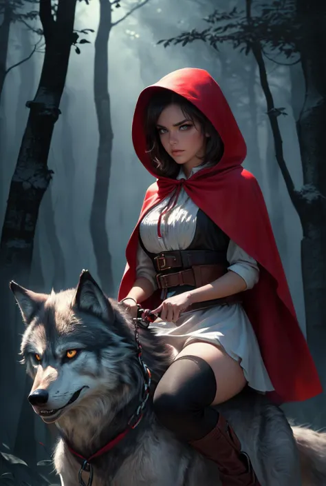 little red riding hood, sitting, 1girl, breasts, ress, thighhighs, apron, in a mystical forest clearing, Dark and mysterious, a ...