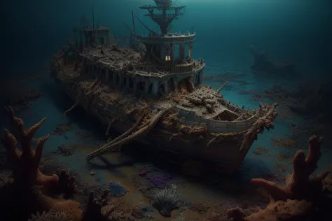 there is a ship that is sitting on the ocean floor