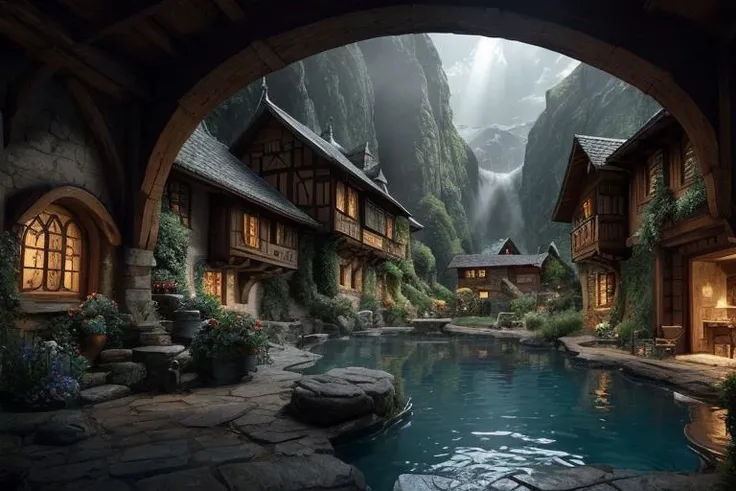 the hobbit, tolkien, a medieval village in switzerland with river and ...