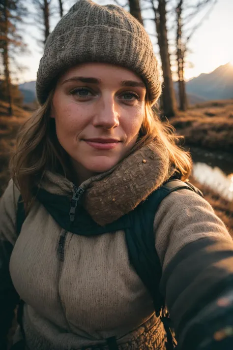 1 woman((upper body selfie, happy)), masterpiece, best quality, ultra-detailed, solo, outdoors, (night), mountains, nature, (stars, moon) cheerful, happy, backpack, sleeping bag, camping stove, water bottle, mountain boots, gloves, sweater, hat, flashlight, forest, rocks, river, wood, smoke, shadows, contrast, clear sky, analog style (look at viewer:1.2) (skin texture) (film grain:1.3), (warm hue, warm tone)
:1.2), close up, cinematic light, sidelighting, ultra high res, best shadow, RAW, upper body, old man, wearing pullover