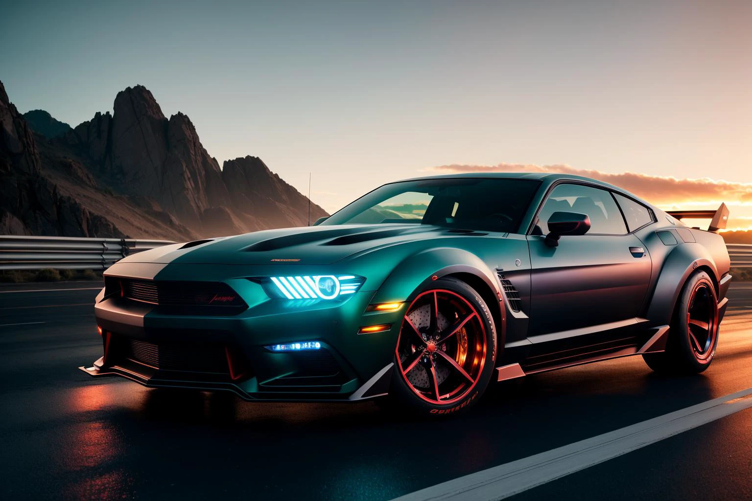 dark and gloomy 8k photo, cyberpunk muscle car, action shot, sunset ...