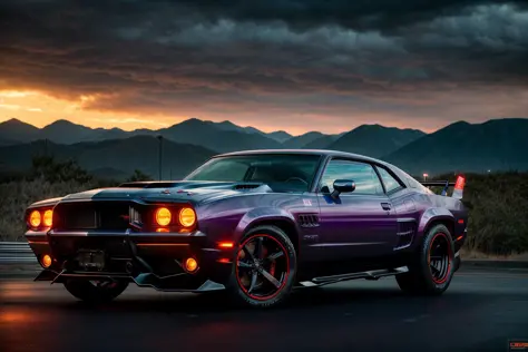 dark and gloomy 8k photo, cyberpunk muscle car, action shot, sunset, detailed, detailed face, (vibrant, photo realistic, realistic, dramatic, dark, sharp focus, 8k)