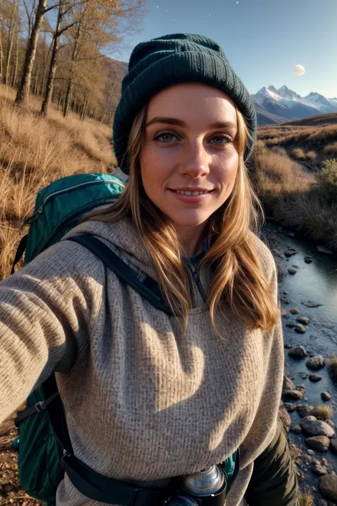 1 woman((upper body selfie, happy)), masterpiece, best quality, ultra-detailed, solo, outdoors, (night), mountains, nature, (stars, moon) cheerful, happy, backpack, sleeping bag, camping stove, water bottle, mountain boots, gloves, sweater, hat, flashlight, forest, rocks, river, wood, smoke, shadows, contrast, clear sky, analog style (look at viewer:1.2) (skin texture) (film grain:1.3), (warm hue, warm tone) :1.2), close up, cinematic light, sidelighting, ultra high res, best shadow, RAW, upper body, wearing pullover