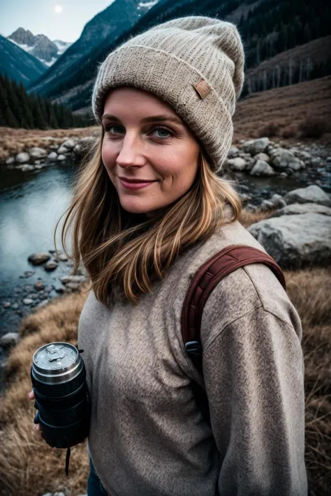 1 woman((upper body selfie, happy)), masterpiece, best quality, ultra-detailed, solo, outdoors, (night), mountains, nature, (stars, moon) cheerful, happy, backpack, sleeping bag, camping stove, water bottle, mountain boots, gloves, sweater, hat, flashlight...