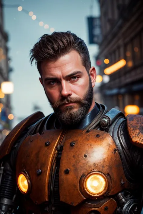 anime, Portrait photo of muscular bearded guy in a worn mech suit, ((light bokeh)), intricate, (steel metal [rust]), elegant, sharp focus, photo by greg rutkowski, soft lighting, vibrant colors, masterpiece, ((streets)), detailed face