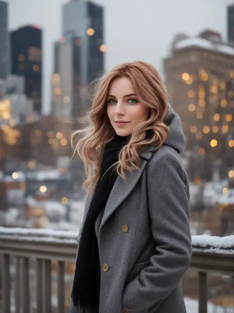 __hair color__, woman, city background, winter, professional, 4K, HD, UHD, 8K, high detail,