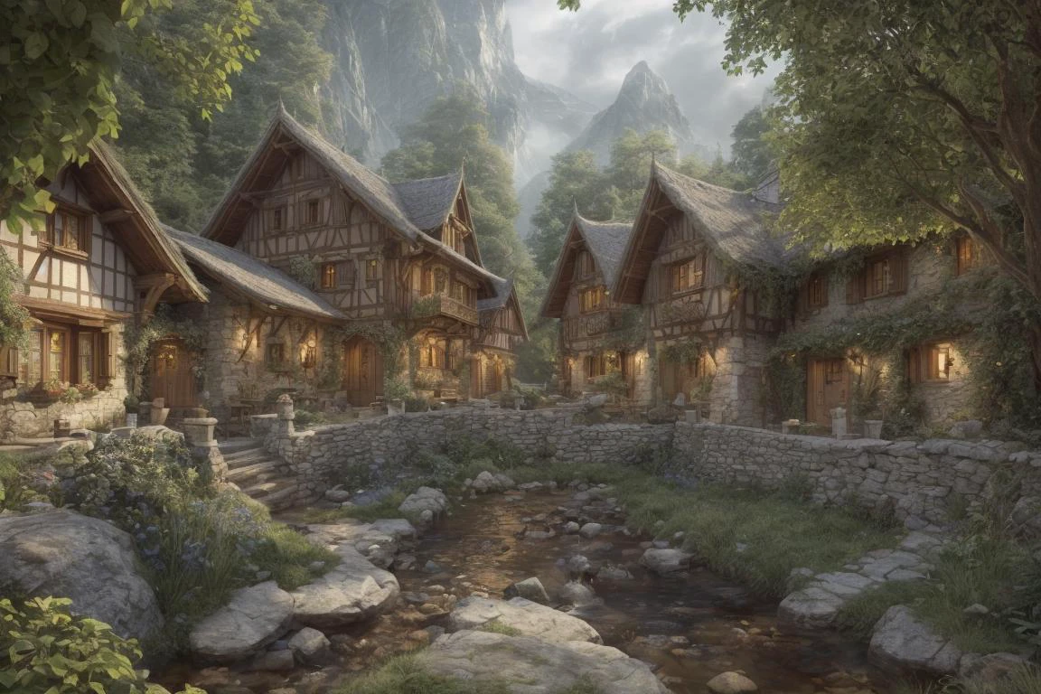 the hobbit, tolkien, a medieval village in switzerland with river and ...