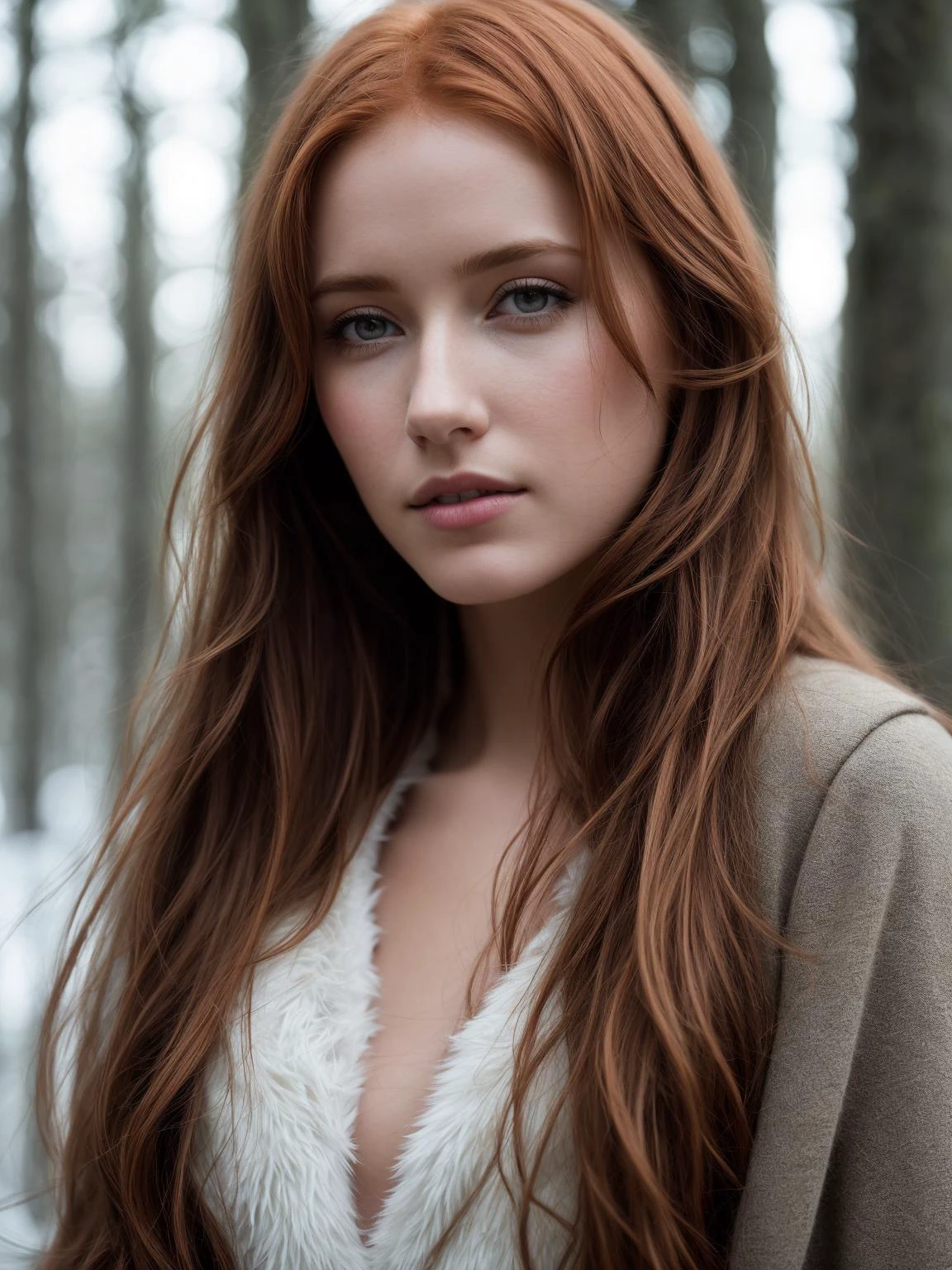 close up of a european woman, ginger hair, winter forest, natural skin texture, 24mm, 4k textures, soft cinematic light, RAW photo, photorealism, photorealistic, intricate, elegant, highly detailed, sharp focus, ((((cinematic look)))), soothing tones, insane details, intricate details, hyperdetailed, low contrast, soft cinematic light, dim colors, exposure blend, hdr, faded