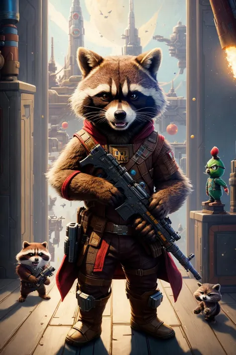 a painting of a rocket raccoon holding a gun, unreal engine, cozy indoor lighting, artstation, detailed, digital painting, cinematic, character design by mark ryden and pixar and hayao miyazaki, unreal 5, daz, hyperrealistic, octane render,gotg ,guardians ...