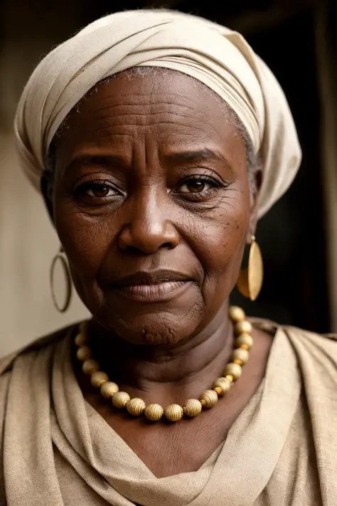 Photo of a congolese woman, wrinkles, aged, necklace, crowded papers room, closeup, neutral colors, barren land