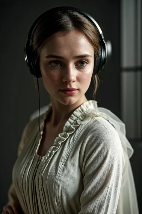Jane Eyre with headphones, natural skin texture, 24mm, 4k textures, soft cinematic light, adobe lightroom, photolab, hdr, intricate, elegant, highly detailed, sharp focus, ((((cinematic look)))), soothing tones, insane details, intricate details, hyperdetailed, low contrast, soft cinematic light, dim colors, exposure blend, hdr, faded