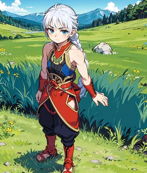 masterpiece, anime screencap, 1 boy, solo, white hair, blue eyes, braid, red black outfit, bare shoulders, bare arms, wristbands...