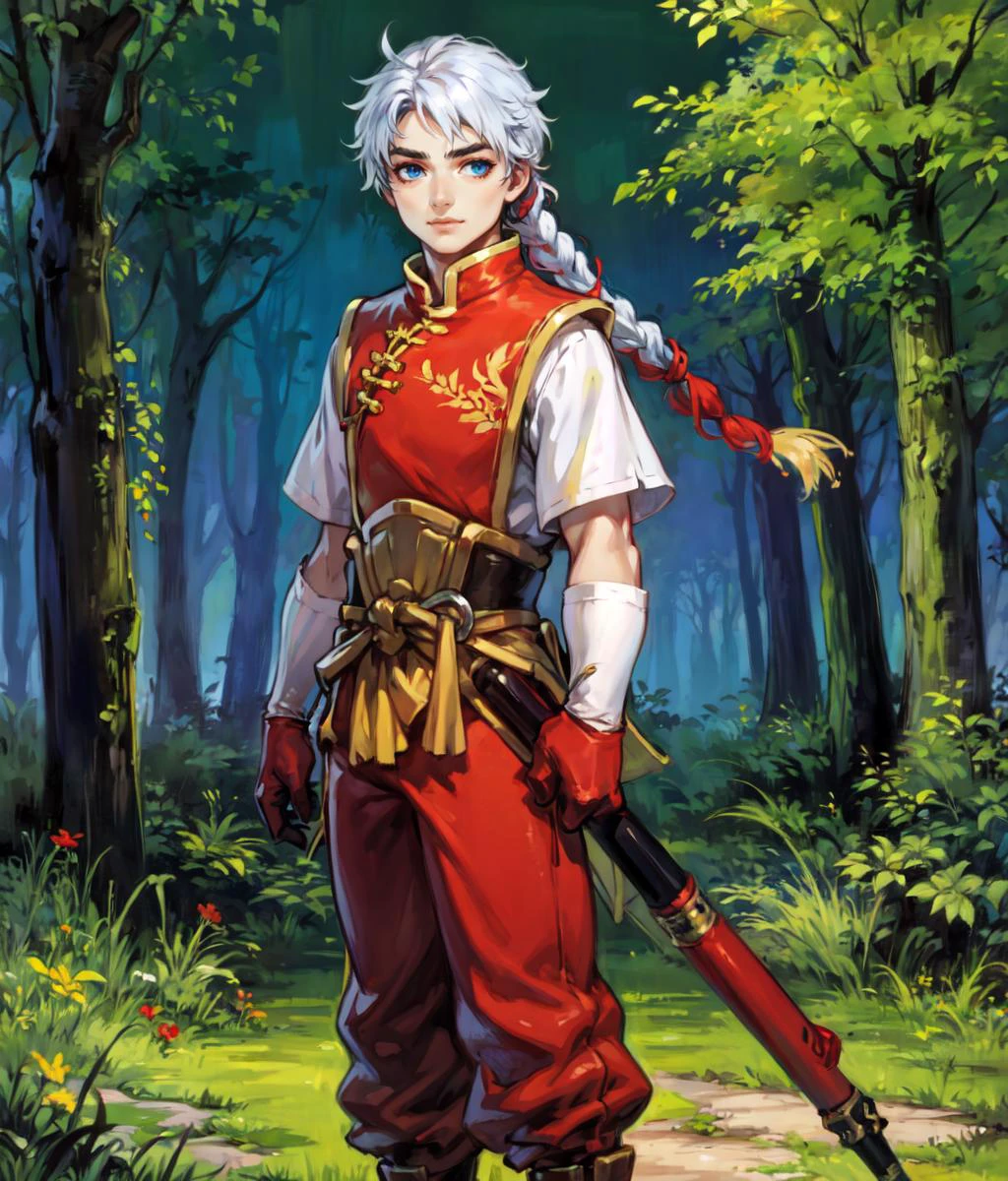 masterpiece, anime screencap, 1 boy, solo, white hair, blue eyes, braid, chinese clothes, red shirt, ((white sleeves)), (yellow pants), full body, outdoors, forest, cowboy shot  