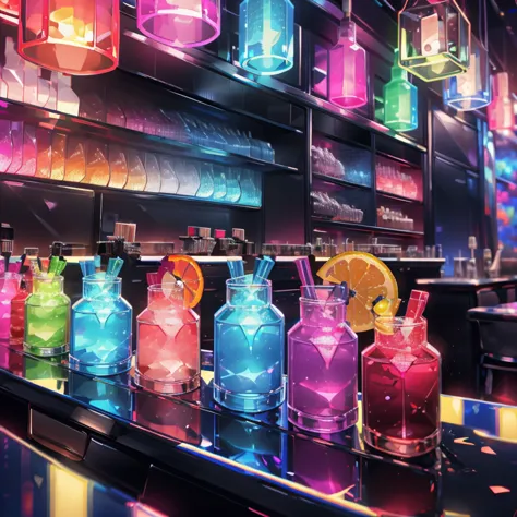 brightly lit bottles of different colors and shapes on a bar