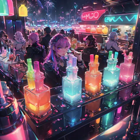 a tasty and colorful drink bursting with vaporwave flavors served at a retrowavetech bar next to miami beach cocktailer detailed, illustration, intricate, pastel colors, (Food photography style :1.3), Appetizing, professional, culinary, high-resolution, commercial, highly detailed, neon lighting, (chromatic aberration:1.3), (shot from above, macro shot:1.3), (15mm lens, Deep focus:1.3), (night photography:1.3), (excessive, highly rated:1.3), (HDR:1.3)