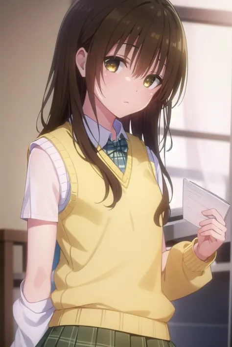 anime girl in yellow sweater holding a book and a white paper