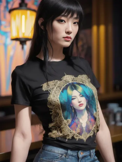 Oil painting of a young woman (((wearing an intricate graphic t-shirt))) in a cafe at night, grunge fashion, [[[cyberpunk]]], backlit, cinematic lighting, intricate, by jeremy lipking and ayami kojima and alphonse mucha and yoshitaka amano and kilian eng, unsplash, evocative masterpiece, rich deep colors, atmospheric, ethereal, chiaroscuro