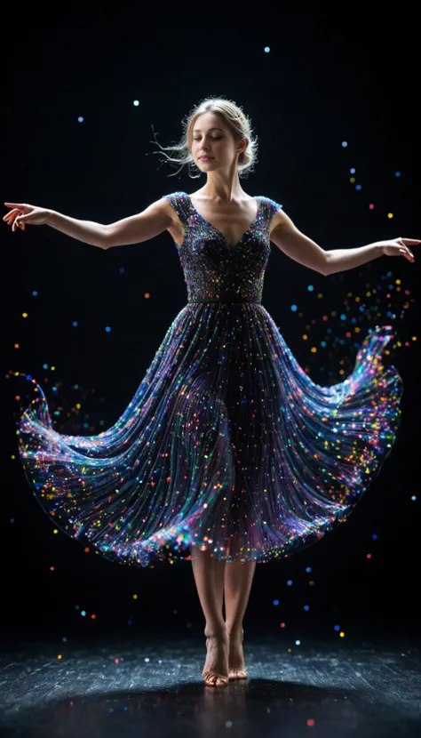 photo of a 20 year old girl, the most beautiful in the world, ((colorful dress out of light particles)dancing), black background...