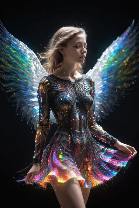 photo of a 20 year old girl,the most beautiful in the world,((colorful dress out of light particles)dancing),black background,pr...