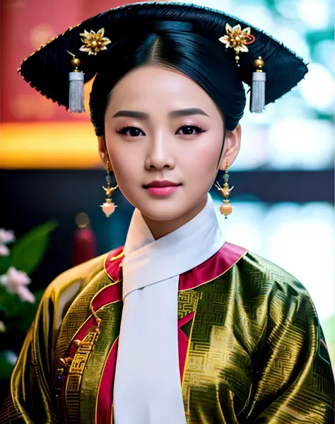 a close up of a woman wearing a traditional chinese dress