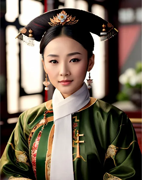 arafed asian woman in traditional dress with a large hat