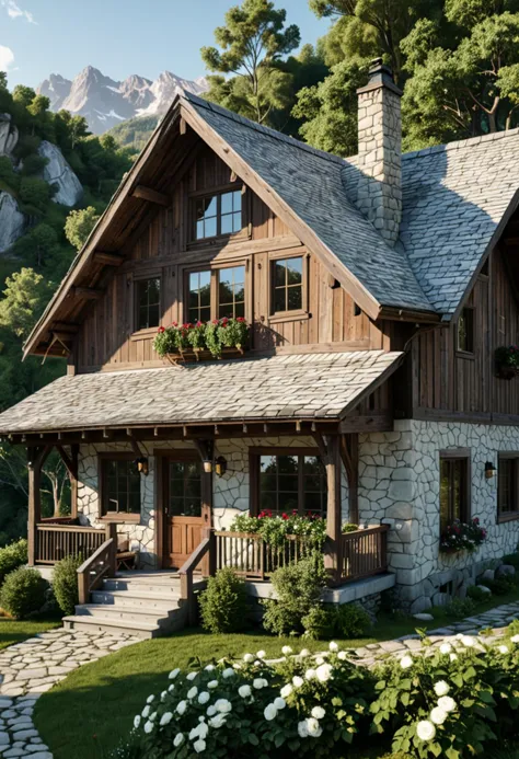 (medium full shot) of (rustic house) with wood white exterior, colonial, gabled roof, bay windows, sliding doors, climbing roses...