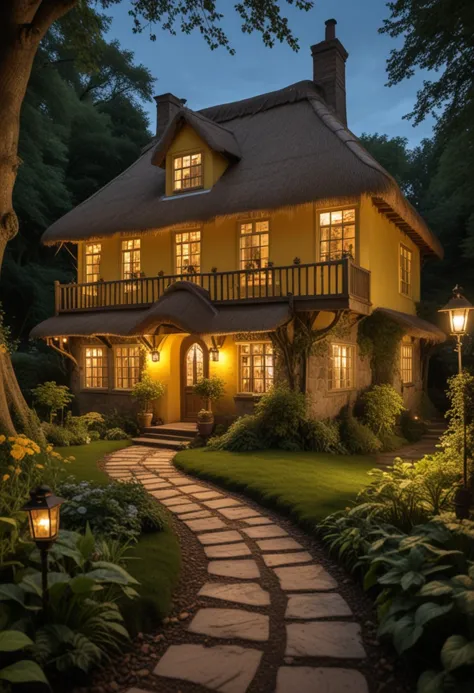 (medium full shot) of (serene house) with glass yellow exterior, georgian, thatched roof, sliding windows, carved wooden doors, ...