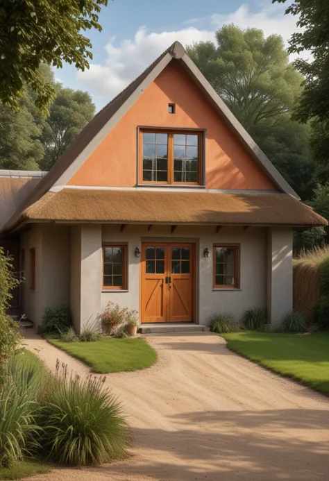 (medium full shot) of (contemporary house) with concrete terracotta exterior, art deco, thatched roof, casement windows, barn do...