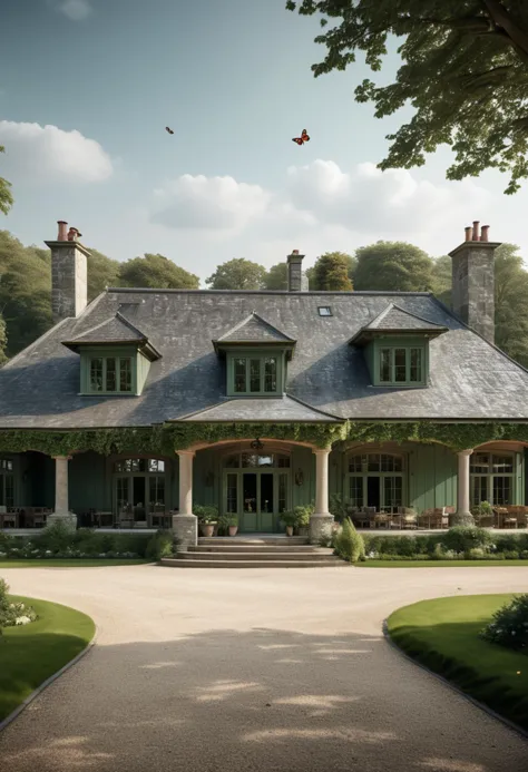 (medium full shot) of (rustic house) with stone green exterior, georgian, butterfly roof, sliding windows, antique doors, wrap-around porch, located in  a luxurious countryside estate, with extensive grounds, private amenities, refined style, exclusive setting , ,Masterpiece,best quality, raw photo, realistic, very aesthetic, dark