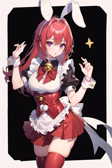 absurdres, best quality, 1girl, solo, red hair, purple eyes, long hair, large breasts,  ahBunny, rabbit ears, red corset, gakuran, apron, red neck ribbon, red skirt, hair bow, short sleeves, wrist cuffs , white thighhighs, jingle bell