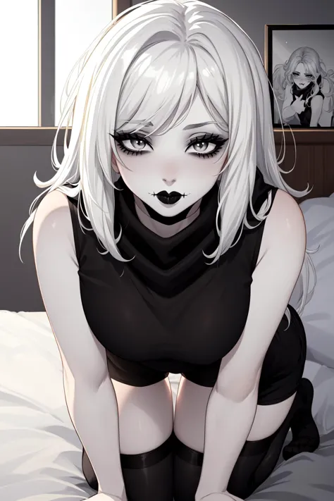 (masterpiece, best quality), ZeroCYPA, (black eyelids:1.4), makeup, (stitched mouth:1.1), black lipstick, grey eyes, white hair,...